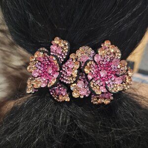 Crystal Flower Ponytail, Bun Claw - Shades of Pink & Gold - 804 Crystals